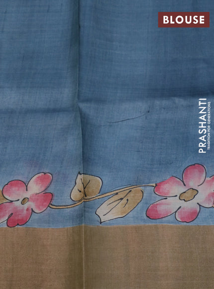 Pure tussar silk saree dark mustard and beige grey with floral hand painted prints and zari woven border