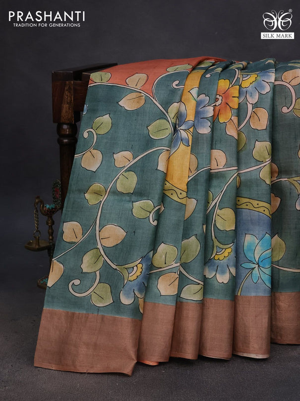 Pure tussar silk saree peach shade and pastel green shade brown with floral hand painted prints and zari woven border