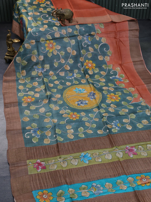 Pure tussar silk saree peach shade and pastel green shade brown with floral hand painted prints and zari woven border