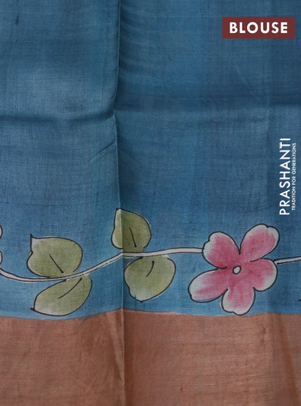 Pure tussar silk saree peach shade and pastel green shade brown with floral hand painted prints and zari woven border