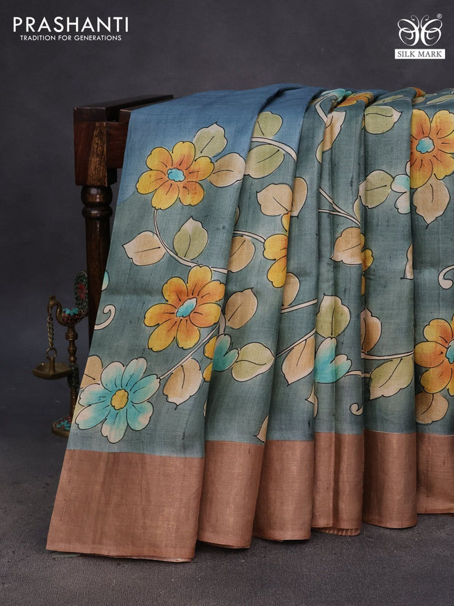 Pure tussar silk saree greyish green shade and pastel brown with floral hand painted prints and zari woven border