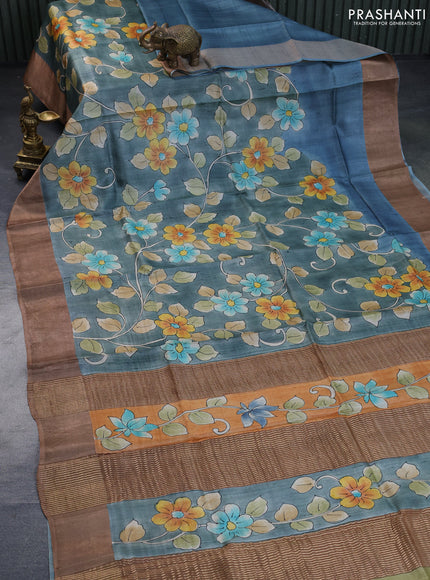 Pure tussar silk saree greyish green shade and pastel brown with floral hand painted prints and zari woven border