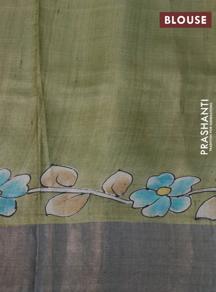 Pure tussar silk saree greyish green shade and pastel brown with floral hand painted prints and zari woven border