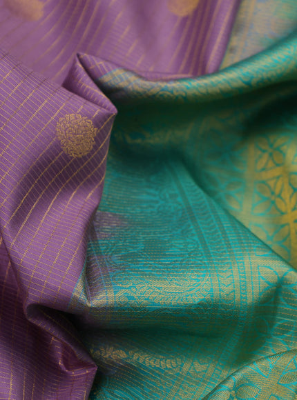 Pure kanchipuram silk saree pastel purple and teal green shade with allover zari checks & buttas and long rich zari woven korvai border