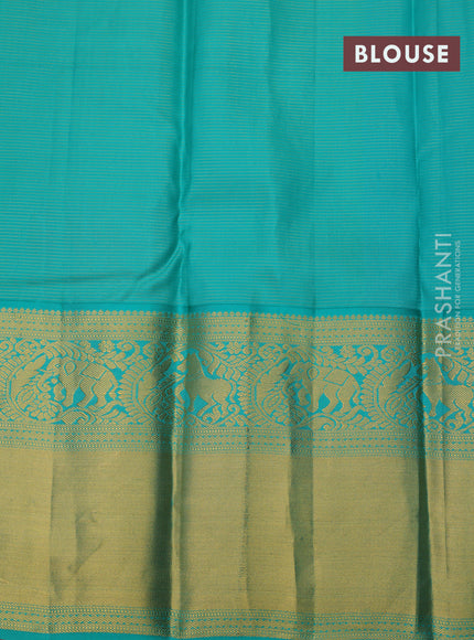 Pure kanchipuram silk saree pastel purple and teal green shade with allover zari checks & buttas and long rich zari woven korvai border