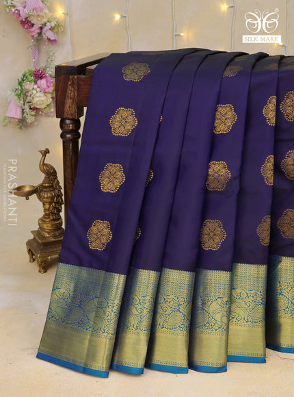 Pure kanchipuram silk saree navy blue and cs blue with zari woven buttas and zari woven annam border