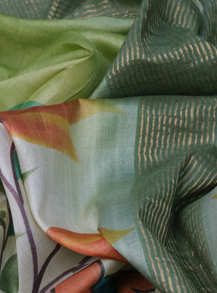 Pure tussar silk saree pista green and grey shade with kalamkari hand painted prints and zari woven border