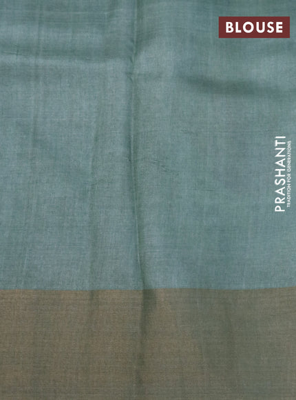 Pure tussar silk saree pista green and grey shade with kalamkari hand painted prints and zari woven border