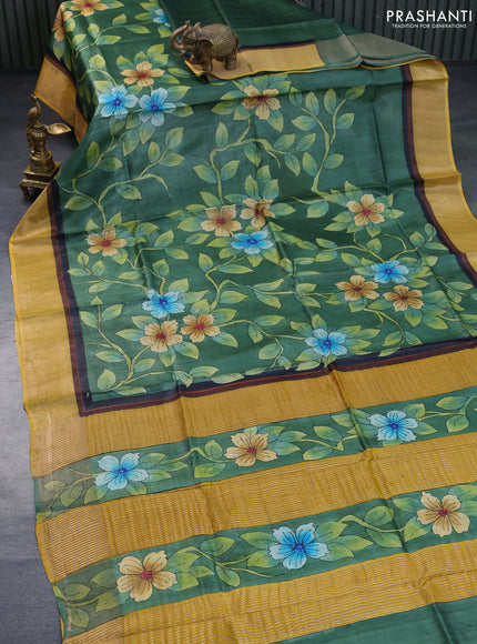 Pure tussar silk saree green and yellow with floral hand painted prints and zari woven border