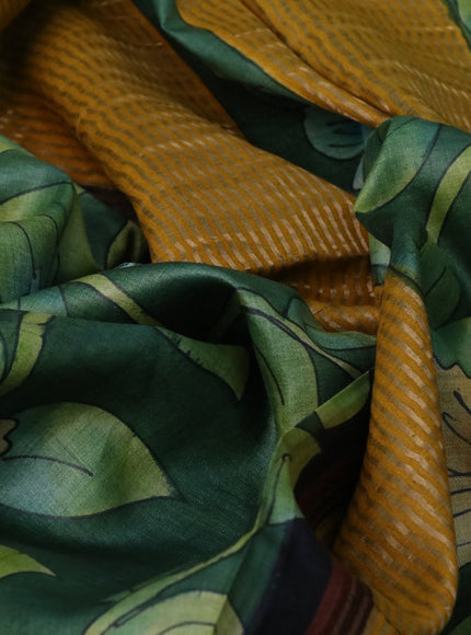 Pure tussar silk saree green and yellow with floral hand painted prints and zari woven border