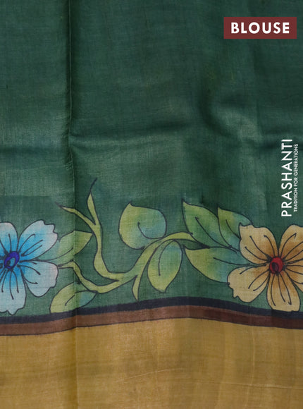 Pure tussar silk saree green and yellow with floral hand painted prints and zari woven border