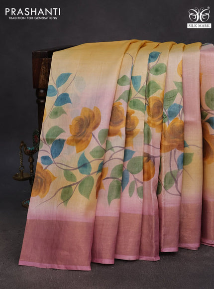 Pure tussar silk saree yellow and pastel pink with floral hand painted prints and zari woven border