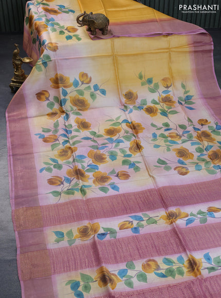 Pure tussar silk saree yellow and pastel pink with floral hand painted prints and zari woven border