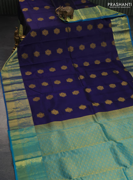 Pure kanchipuram silk saree navy blue and cs blue with zari woven buttas and zari woven annam border