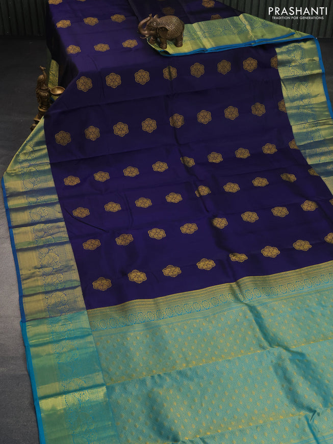 Pure kanchipuram silk saree navy blue and cs blue with zari woven buttas and zari woven annam border