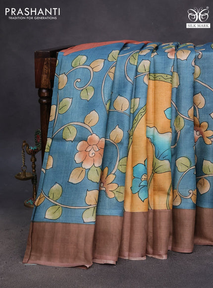 Pure tussar silk saree blue and brown shade with kalamkari hand painted prints and zari woven border