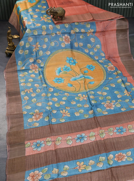 Pure tussar silk saree blue and brown shade with kalamkari hand painted prints and zari woven border