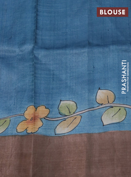 Pure tussar silk saree blue and brown shade with kalamkari hand painted prints and zari woven border