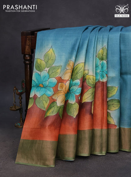 Pure tussar silk saree blue shade and green with floral hand painted prints and zari woven border