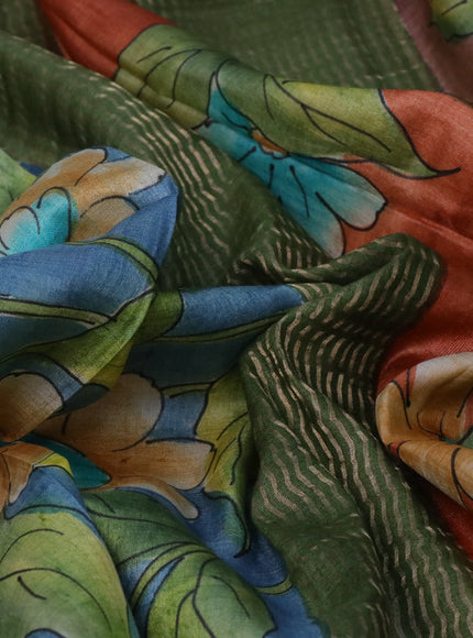 Pure tussar silk saree blue shade and green with floral hand painted prints and zari woven border