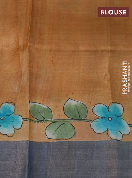 Pure tussar silk saree blue shade and green with floral hand painted prints and zari woven border