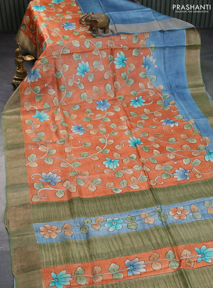 Pure tussar silk saree orange and green with kalamkari hand painted prints and zari woven border