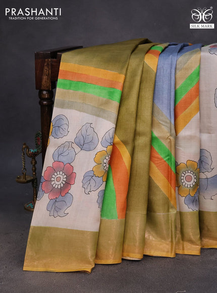 Pure tussar silk saree pastel grey shade and yellow with floral hand painted prints and zari woven border