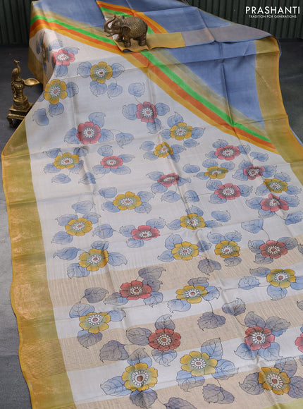 Pure tussar silk saree pastel grey shade and yellow with floral hand painted prints and zari woven border