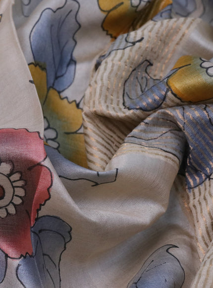 Pure tussar silk saree pastel grey shade and yellow with floral hand painted prints and zari woven border