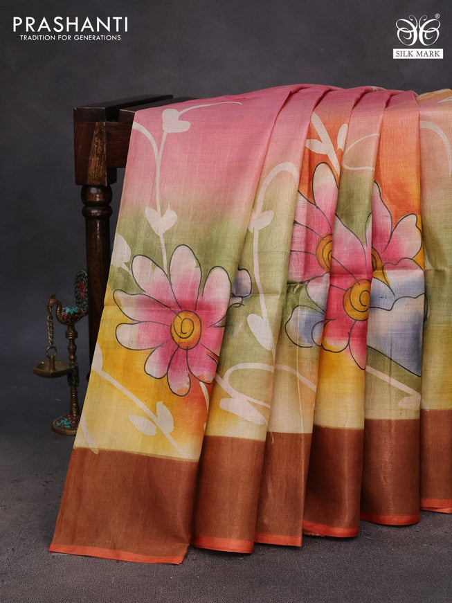 Pure tussar silk saree multi colour and pink shade with floral hand painted prints and zari woven border