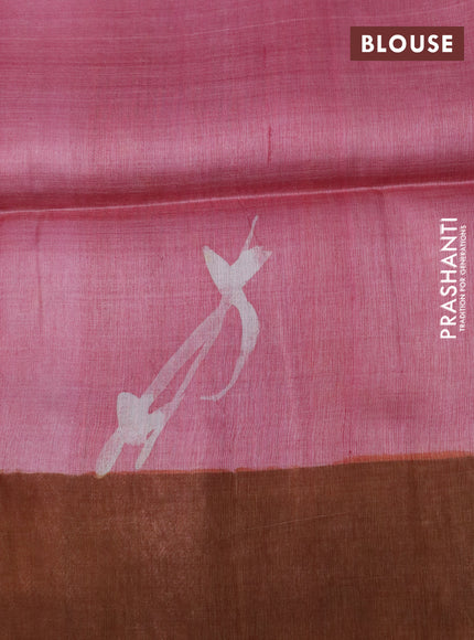 Pure tussar silk saree multi colour and pink shade with floral hand painted prints and zari woven border