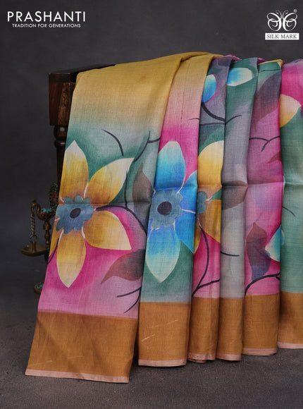 Pure tussar silk saree multi colour and pastel brown with floral hand painted prints and zari woven border