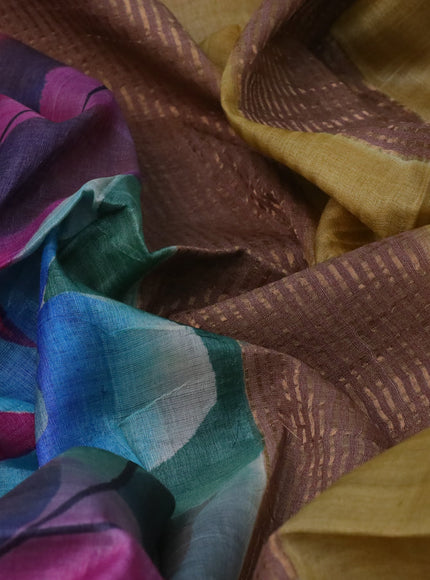 Pure tussar silk saree multi colour and pastel brown with floral hand painted prints and zari woven border