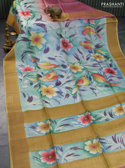 Pure tussar silk saree multi colour and yellow with floral hand painted prints and zari woven border