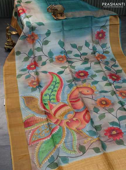 Pure tussar silk saree grey shade and mustard shade with hand painted kalamkari prints and zari woven border