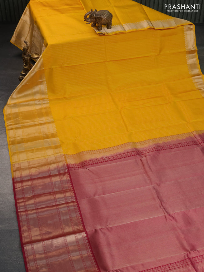 Pure kanchipuram silk saree yellow with allover zari weaves and long zari woven border