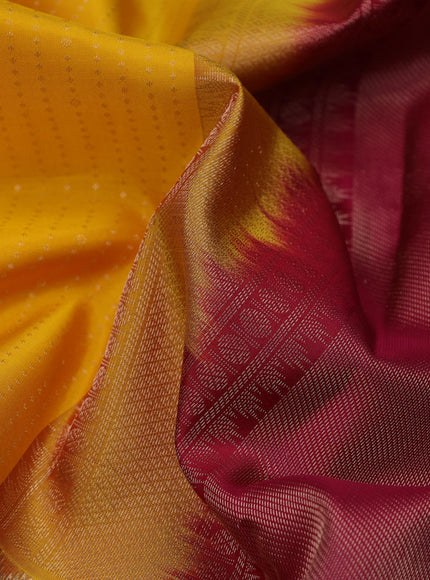 Pure kanchipuram silk saree yellow with allover zari weaves and long zari woven border