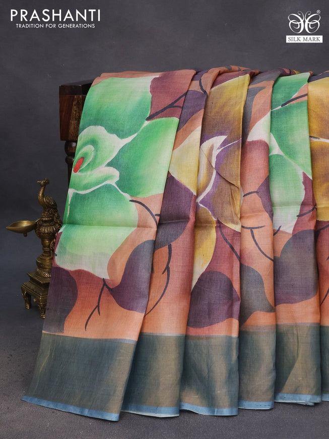 Pure tussar silk saree rust shade and blue shade with floral hand painted prints and zari woven border