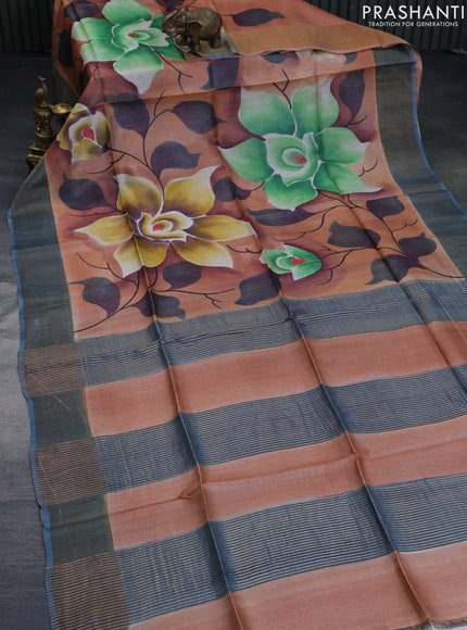 Pure tussar silk saree rust shade and blue shade with floral hand painted prints and zari woven border