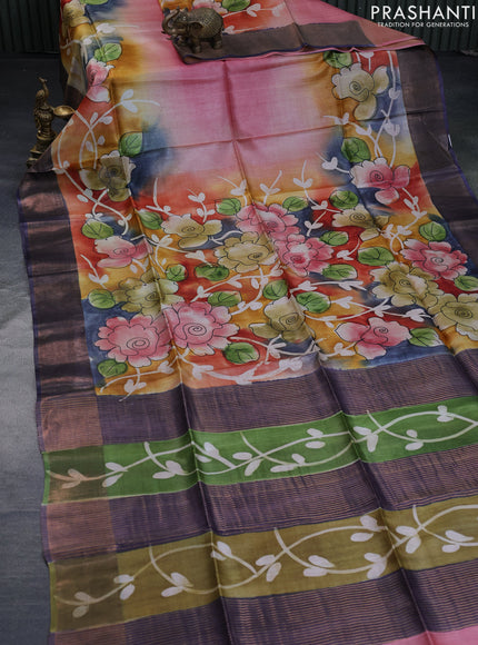 Pure tussar silk saree multi colour with floral hand painted prints and zari woven border