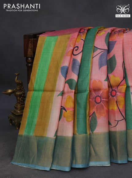 Pure tussar silk saree pink shade and blue shade with floral hand painted prints and zari woven border