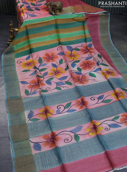 Pure tussar silk saree pink shade and blue shade with floral hand painted prints and zari woven border