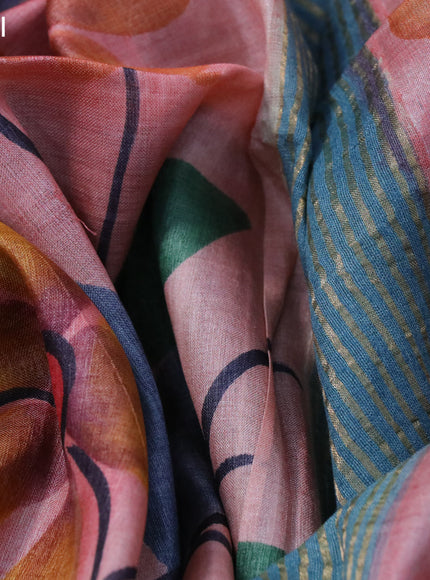 Pure tussar silk saree pink shade and blue shade with floral hand painted prints and zari woven border