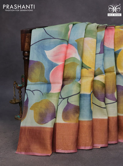 Pure tussar silk saree pastel blue and pastel green maroon shade with floral hand painted prints and zari woven border