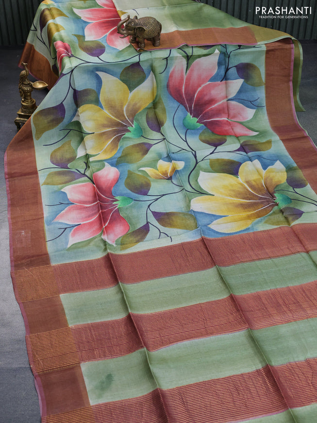 Pure tussar silk saree pastel blue and pastel green maroon shade with floral hand painted prints and zari woven border