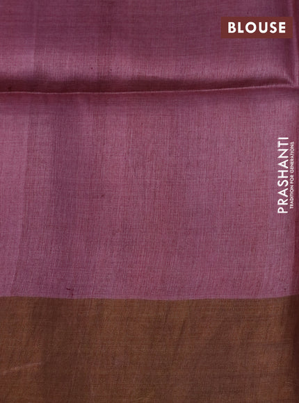 Pure tussar silk saree pastel blue and pastel green maroon shade with floral hand painted prints and zari woven border