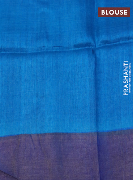 Pure tussar silk saree off white cs blue and blue with floral hand painted prints and zari woven border