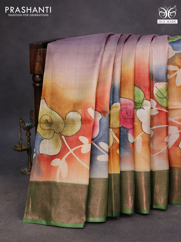 Pure tussar silk saree multi colour and green with floral hand painted prints and zari woven border