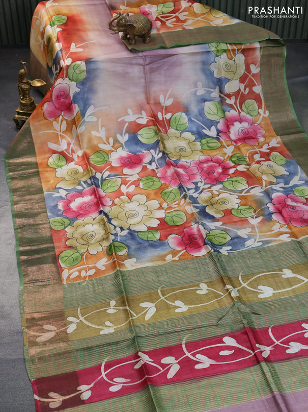 Pure tussar silk saree multi colour and green with floral hand painted prints and zari woven border