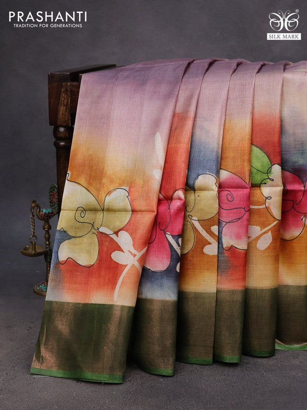 Pure tussar silk saree multi colour and green with floral hand painted prints and zari woven border